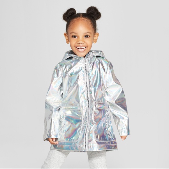 Cat & Jack Other - Girls Shiny Silver Metallic Hooded Rain Jacket NWT